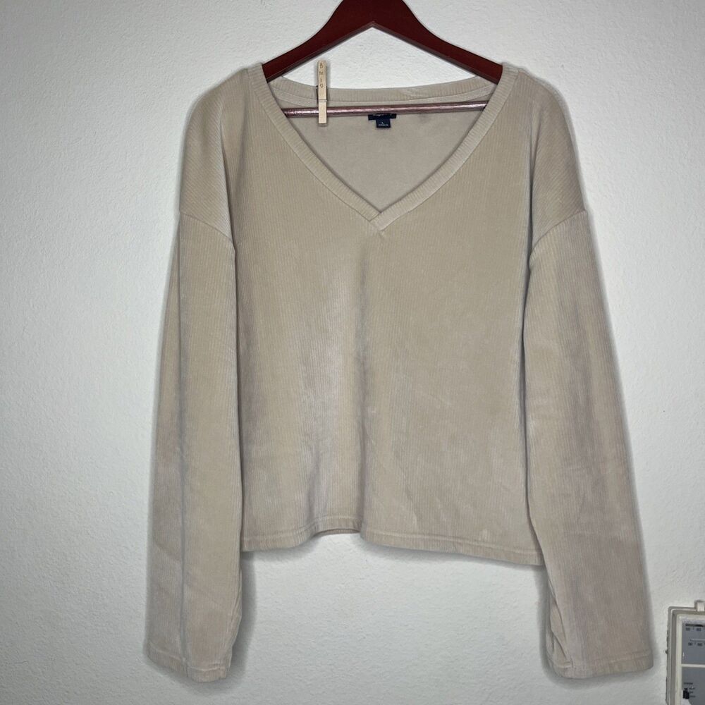 Gap Body SZ L Cropped Velour Ribbed Cozy Athleisure V Neck Long Wide Sleeve Top